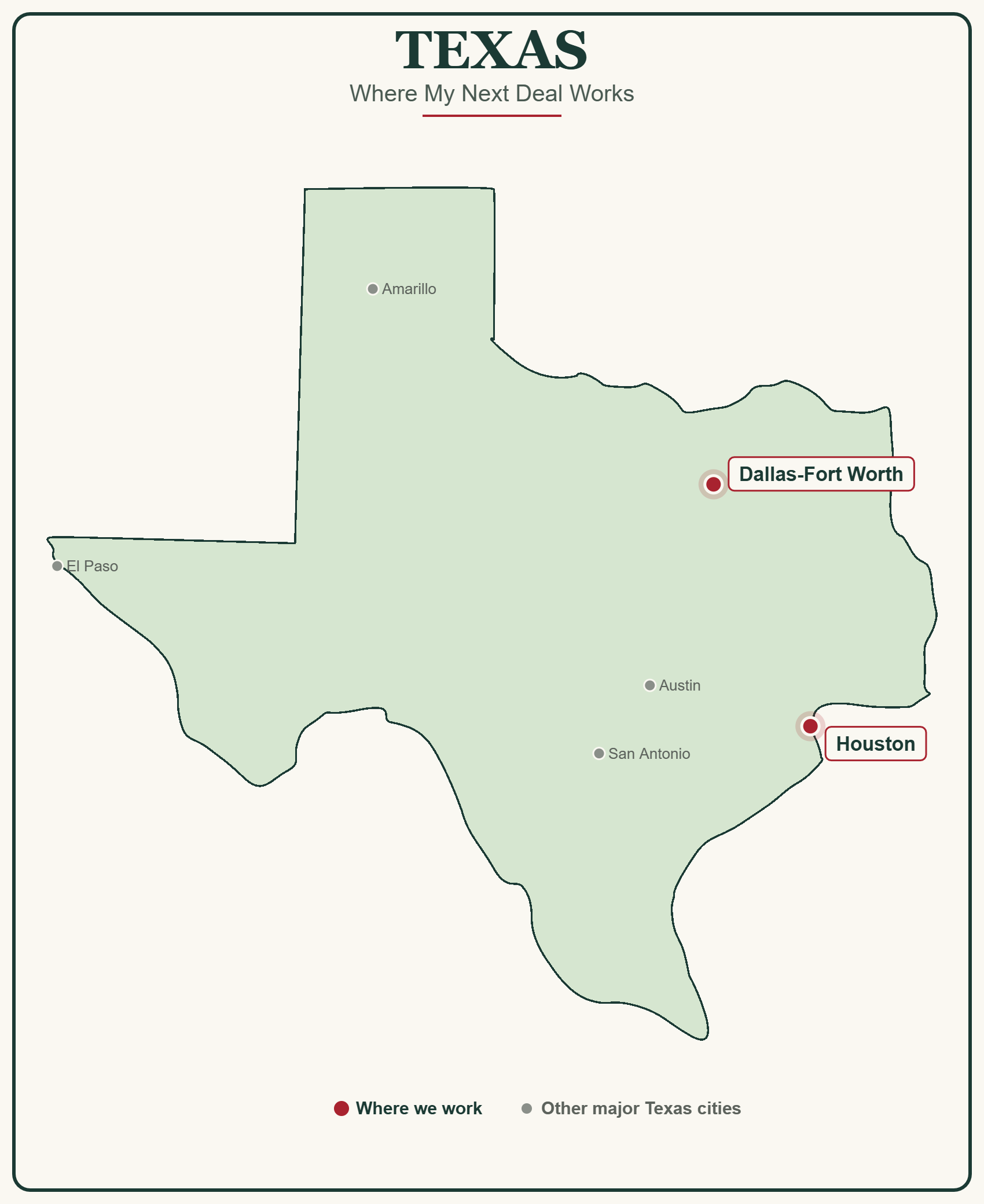 Map of Texas highlighting Dallas-Fort Worth and Houston as the markets My Next Deal works in, with Austin, San Antonio, and El Paso shown for reference