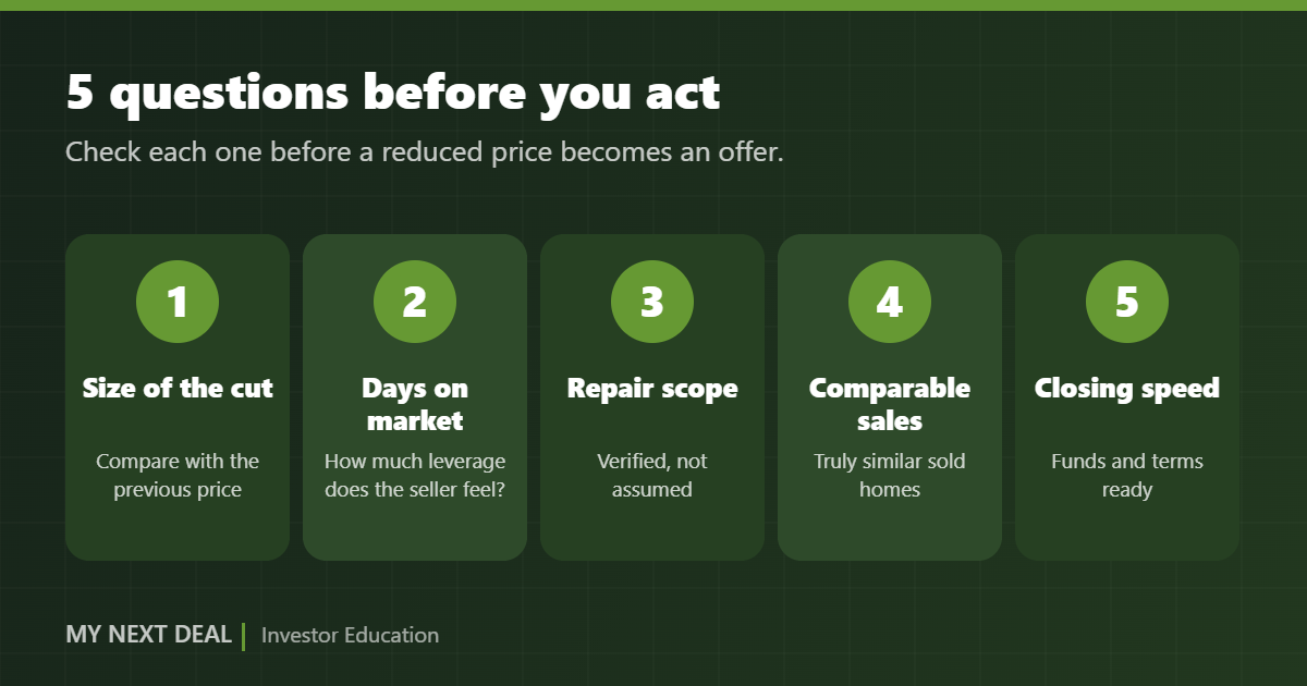 Checklist graphic of five questions to ask before acting on a reduced price: size of the cut, days on market, repair scope, comparable sales, closing speed